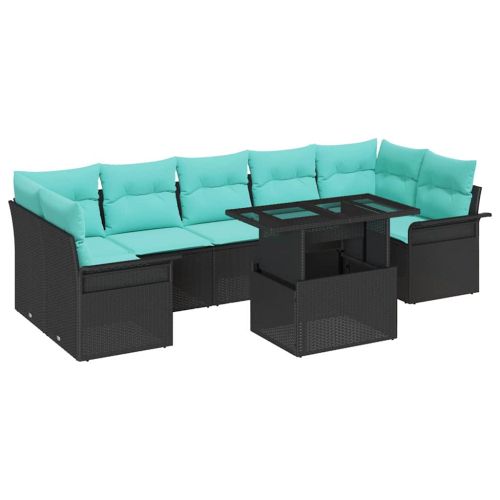 Градински Софа Комплект с възглавница 8 pcs Черно Полиратан