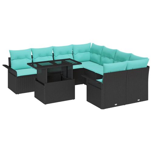 Градински Софа Комплект с възглавница 9 pcs Черно Полиратан