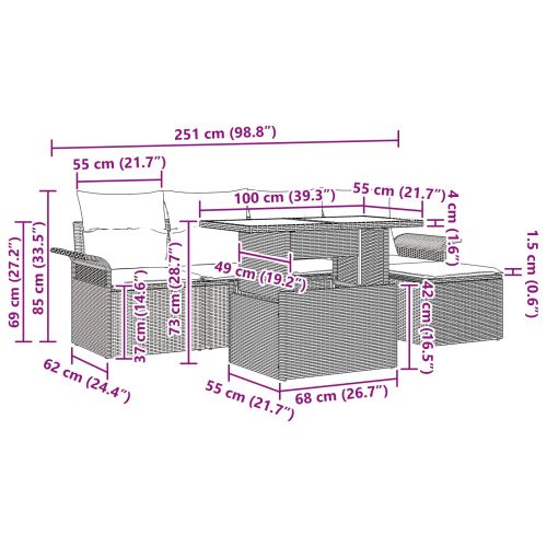 Градински Софа Комплект с възглавница 6 pcs Черно полиратан