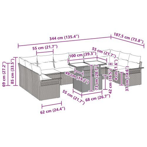 Градински Софа Комплект с възглавница 11 pcs Черно Полиратан