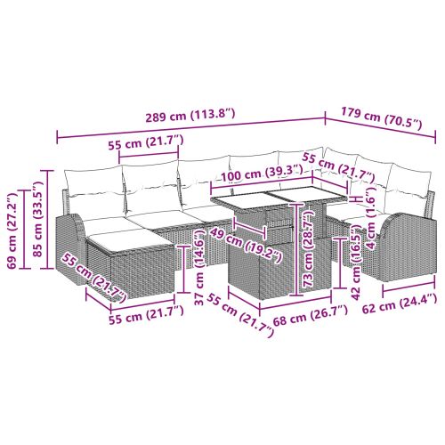 Градински Софа Комплект 9 pcs Кафяво и червено полиратан