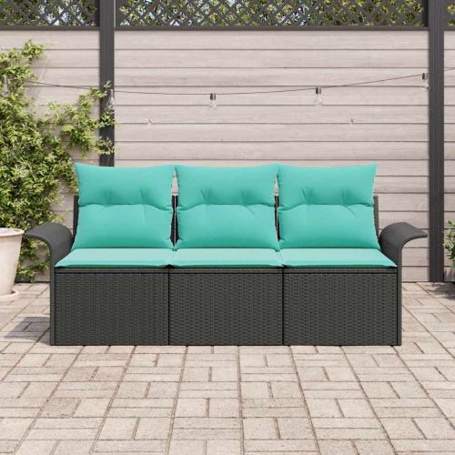 Градински Софа Комплект с възглавница 3 pcs Черно Полиратан