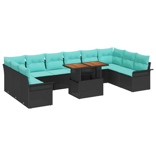 Градински Софа Комплект със съхранение 11 pcs Черно Полиратан