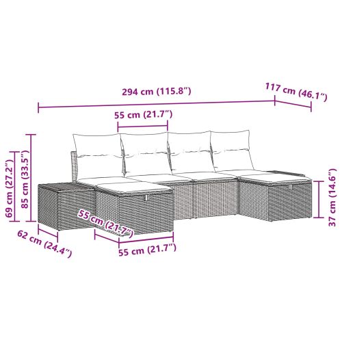 Градински Софа Комплект с възглавница 6 pcs Кафяво полиратан