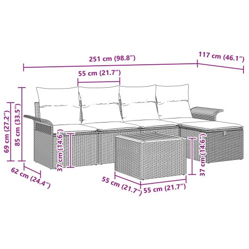 Градински Софа Комплект с възглавница 6 pcs Черно полиратан