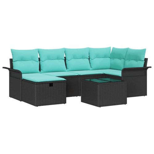 Градински Софа Комплект с възглавница 7 pcs Черно Полиратан