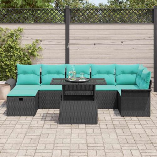 Градински Софа Комплект с възглавница 8 pcs Черно Полиратан