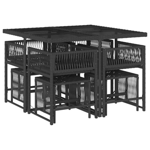 Градински трапезен комплект възглавници 9 части черен полиратан