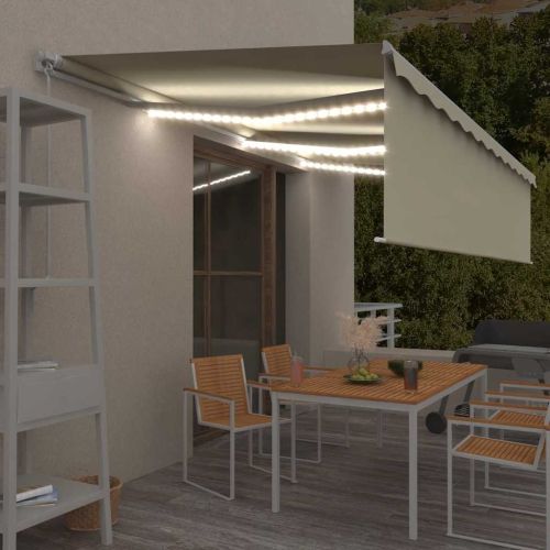 Ръчно прибиращ се сенник с щора и LED, 6x3 м, кремав