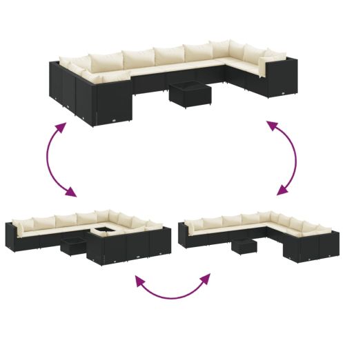 Градински лаундж комплект с възглавници 11части черен полиратан