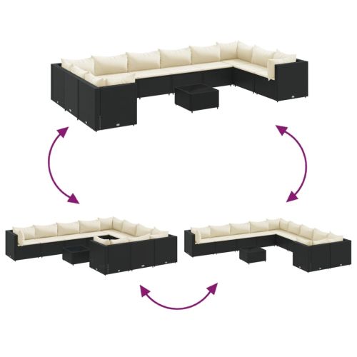 Градински комплект диван с възглавници 11 части черен полиратан