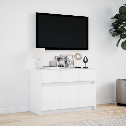 ТВ шкаф с LED, бял, 91x34x61 см, инженерно дърво