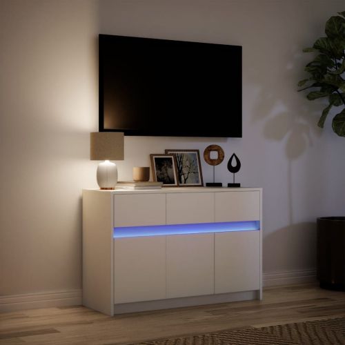 ТВ шкаф с LED, бял, 91x34x61 см, инженерно дърво