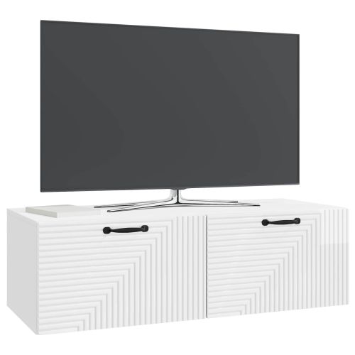 Стенно монтиран ТВ шкаф Бял гланц 98 x 41 x 30 см