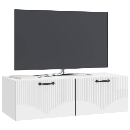 Стенно монтиран ТВ шкаф Бял гланц 98 x 41 x 30 см