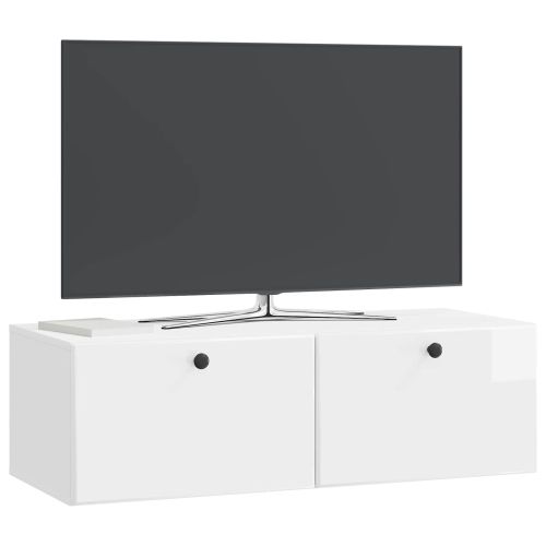 Стенно монтиран ТВ шкаф Бял гланц 98 x 41 x 30 см