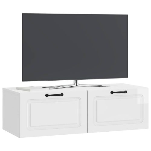 Стенно монтиран ТВ шкаф Бял гланц 98 x 41 x 30 см