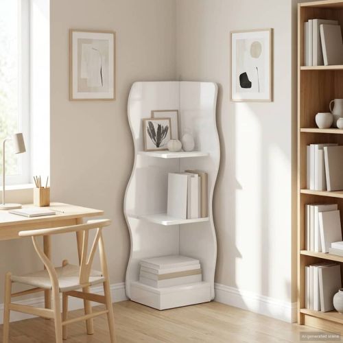 Ъглов рафт Бял гланц 34 x 33 x 102 см Инженерна дървесина