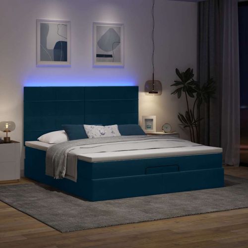 Османска легло с матраци и LED, тъмносиньо, 160x200 см, кадифе