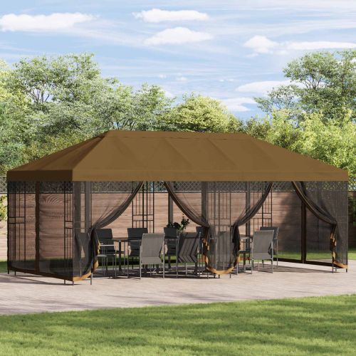 Беседка със страници 6 x 3 m Таупе Полиестер и стомана 190