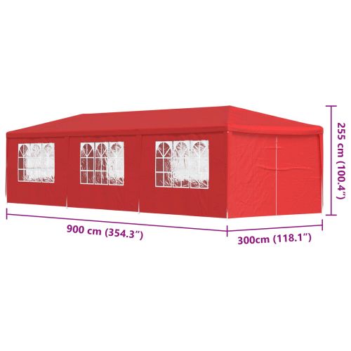 Парти шатър 900 x 300 x 255 см Червено Полиетилен и стомана