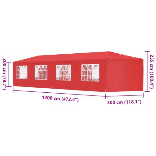 Парти шатър 1200 x 300 x 255 см Червено Полиетилен и стомана