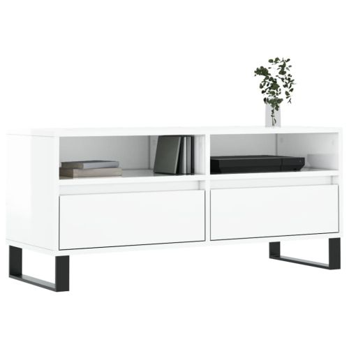ТВ шкаф бял гланц 100x34,5x44,5 см инженерно дърво