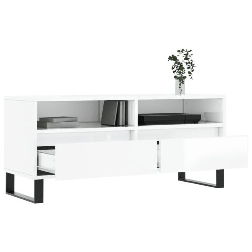 ТВ шкаф бял гланц 100x34,5x44,5 см инженерно дърво