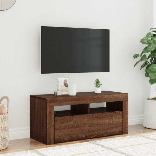ТВ шкаф с LED осветление, кафяв дъб, 90x35x40 см