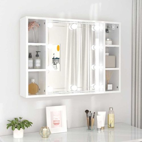 Огледален шкаф с LED, бял гланц, 76x15x55 см