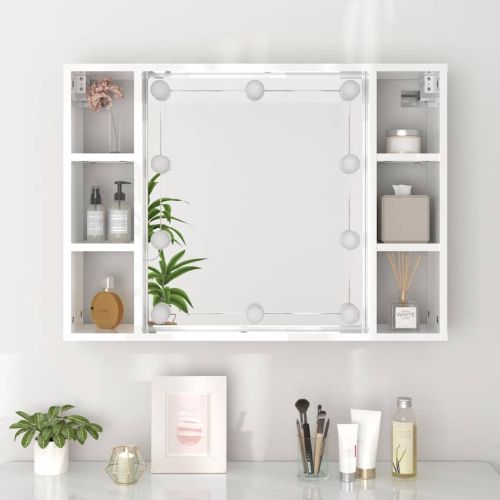 Огледален шкаф с LED, бял гланц, 76x15x55 см