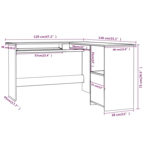 Г-образно ъглово бюро бял гланц 120x140x75 см инженерно дърво