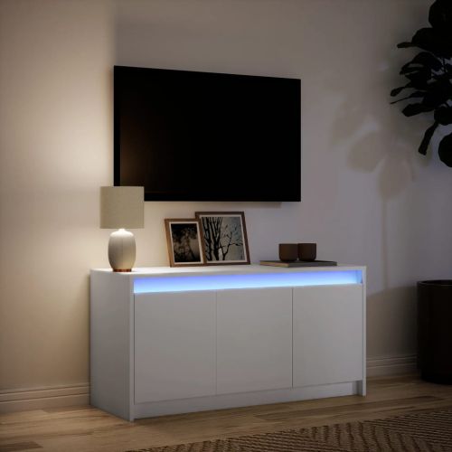 ТВ шкаф с LED, бял, 100x34x50 см, инженерно дърво