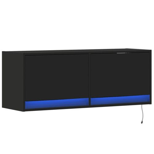 Стенен ТВ шкаф с LED осветление, черен, 100x31x38 см