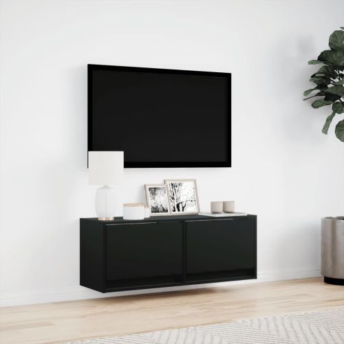 Стенен ТВ шкаф с LED осветление, черен, 100x31x38 см