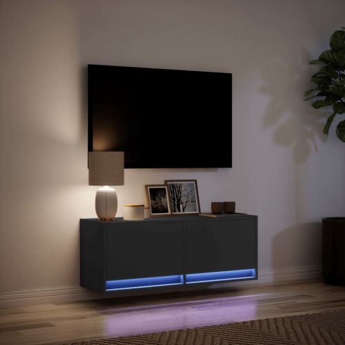 Стенен ТВ шкаф с LED осветление, черен, 100x31x38 см