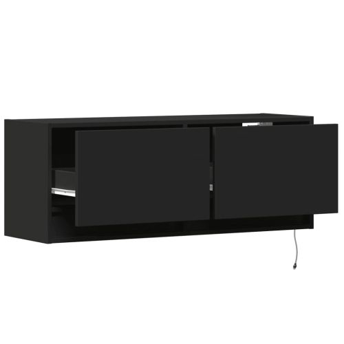 Стенен ТВ шкаф с LED осветление, черен, 100x31x38 см