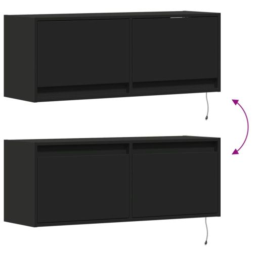 Стенен ТВ шкаф с LED осветление, черен, 100x31x38 см