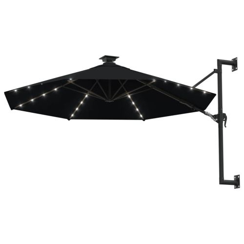 Градински чадър за монтаж на стена, с LED, 300 см, черен
