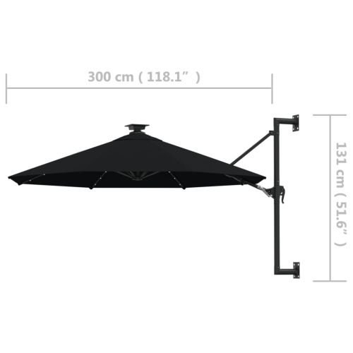 Градински чадър за монтаж на стена, с LED, 300 см, черен