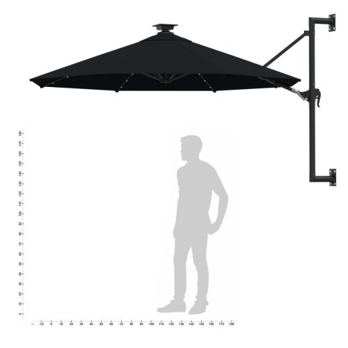Градински чадър за монтаж на стена, с LED, 300 см, черен
