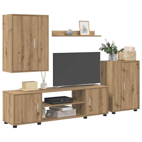 Комплект ТВ шкаф Монтиране на стена 4 pcs Дъб Инженерно дърво