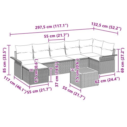 Градински Софа Комплект с възглавница 8 pcs Сив полиратан