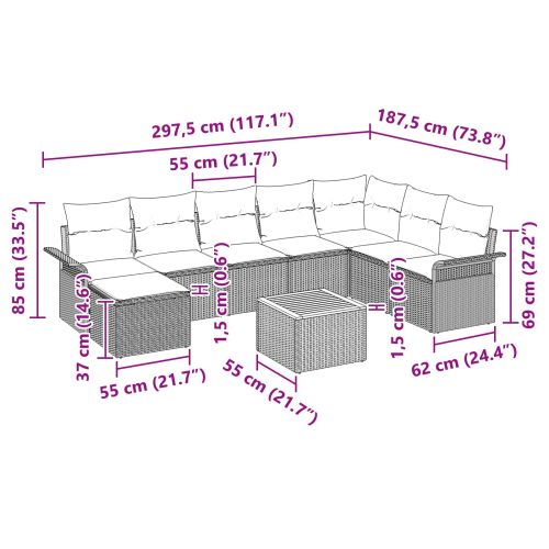 Градински Софа Комплект с възглавница 9 pcs Сив полиратан
