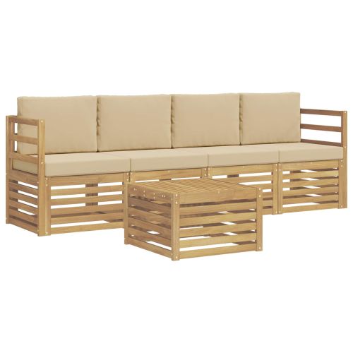 Комплект дивани за открито 5 pcs Бяло и Бежово Полиестер