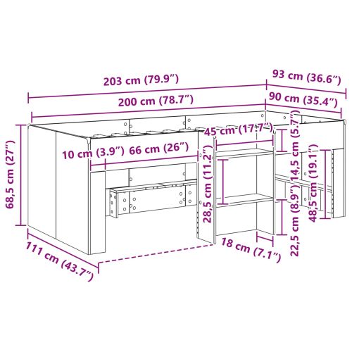 Легло за деца с висока рамка 2 pcs Сив Сонома 90 x 200 cm