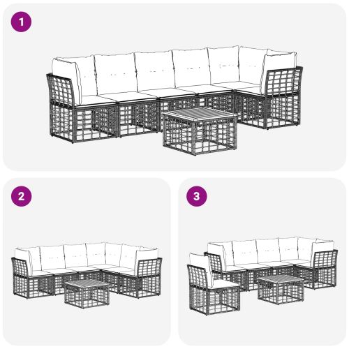 Градински Софа Комплект 7 pcs Черно и тъмно сиво полиратан