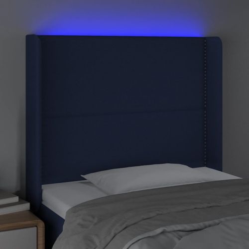 LED горна табла за легло, синя, 83x16x118/128 см, плат