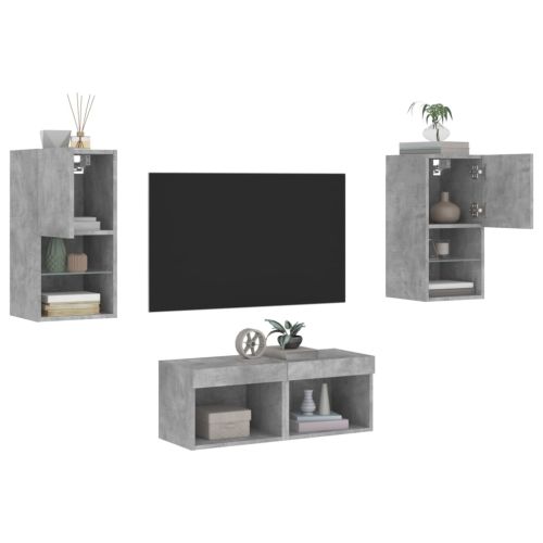 ТВ стенни шкафове, 4 части, с LED светлини, бетонно сиви