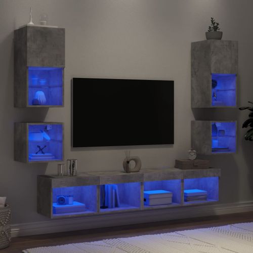 ТВ стенни модули с LED, 8 части, бетонно сиви, инженерно дърво